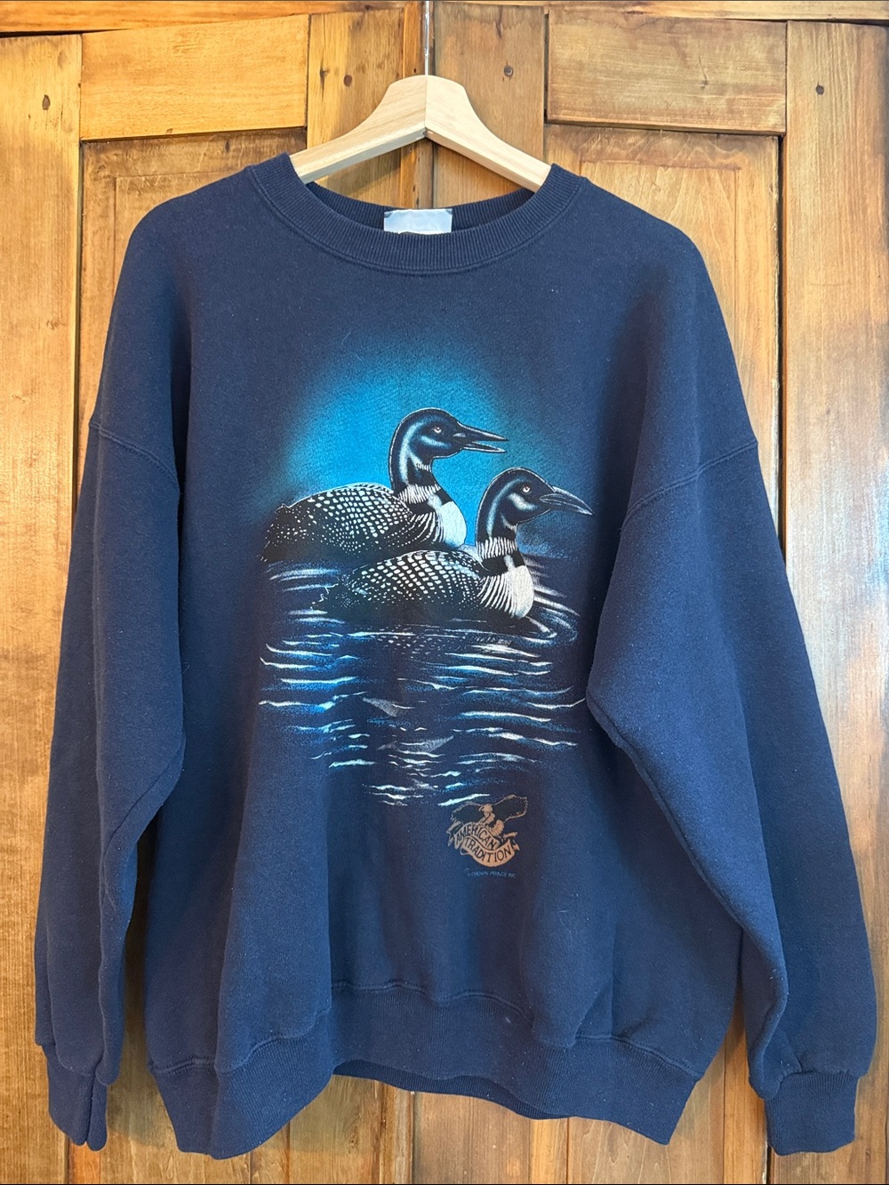 VINTAGE Lee XL Navy Blue Sweatshirt Loon Graphic Made in USA Eclectic Grandpa.